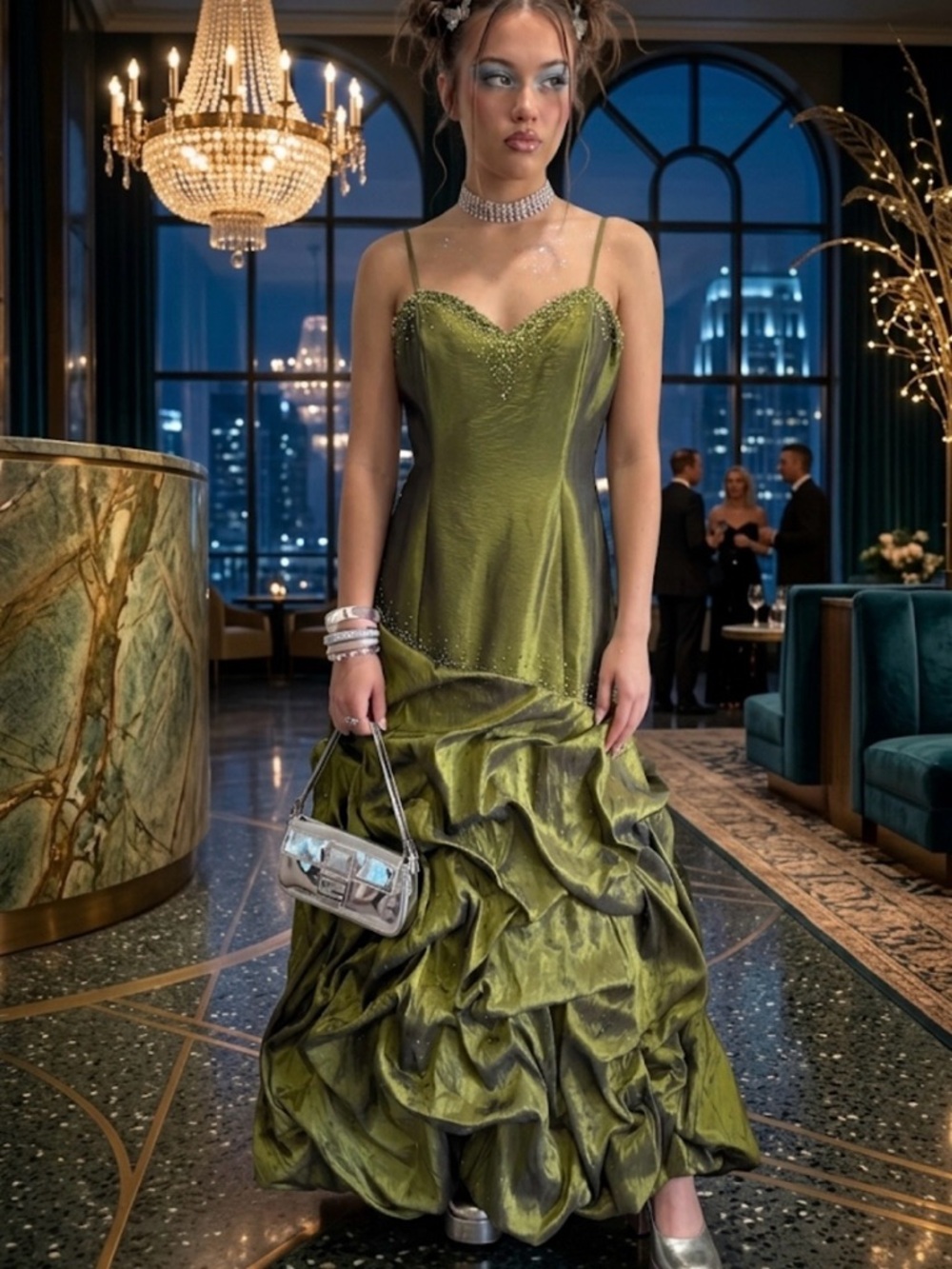 Y2K Olive Green Ball Gown Silver Gem Formal Dress Maggie Sottero